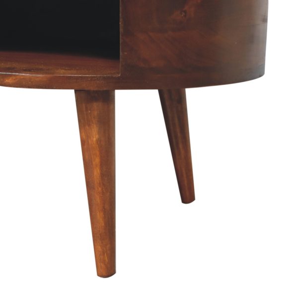 Close-up of the mango wood surface showing warm chestnut finish.