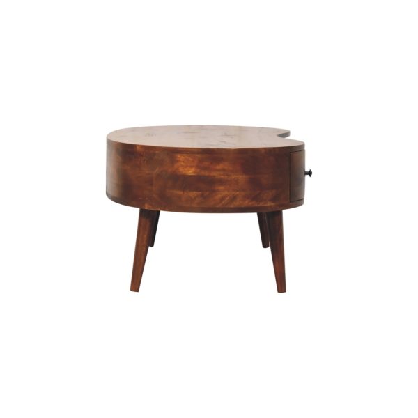 Mango wood coffee table with rounded edges and Scandi-style legs.