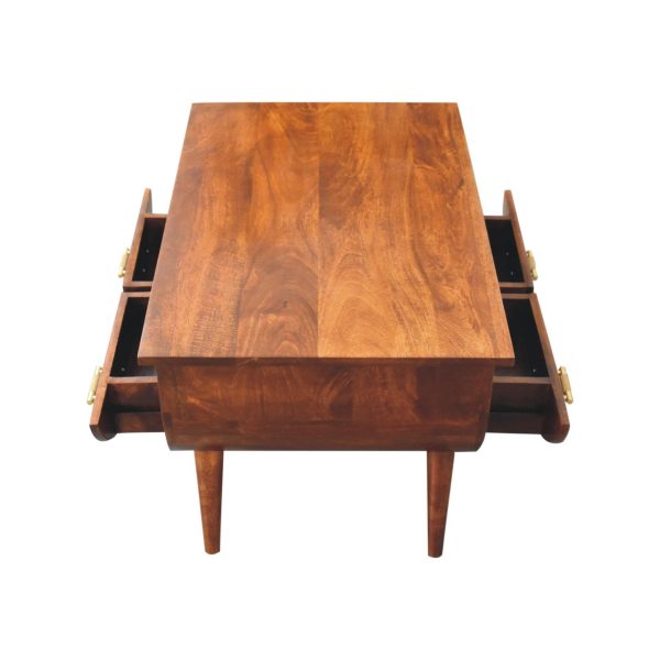 Right side view of the coffee table showing its slender legs and lower shelf.