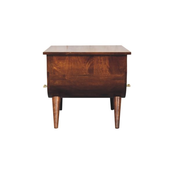 Front-left view of the mango wood coffee table with gold accents and slender Scandinavian legs.