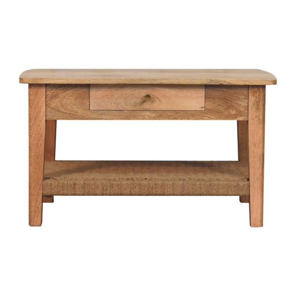 Oakwood coffee table with single drawer and rope shelf in oak finish