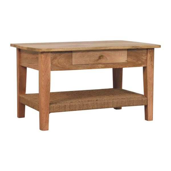 Front-facing oak coffee table with drawer and bottom shelf