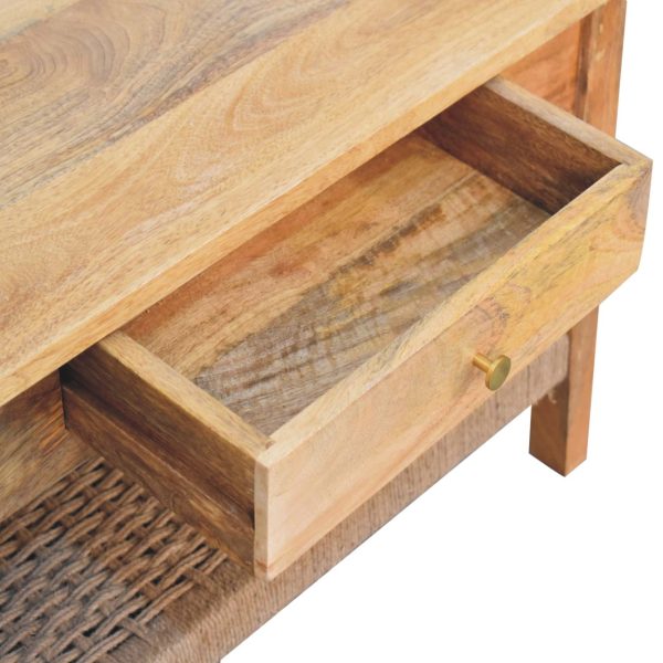 Oak coffee table with open drawer and rope shelf visible