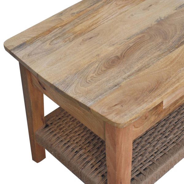 Oakwood 1-drawer rope shelf coffee table leg close-up.