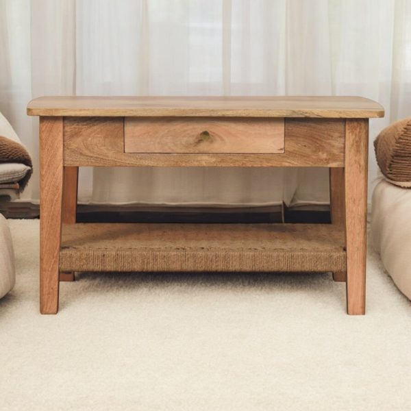 Oakwood coffee table styled in a light modern living room