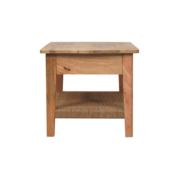 Compact side view of oak coffee table with rope shelf