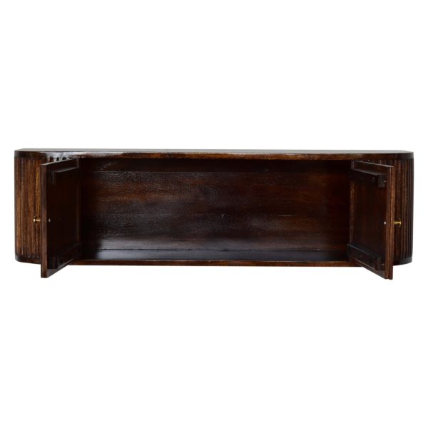Mango wood sideboard with open doors.