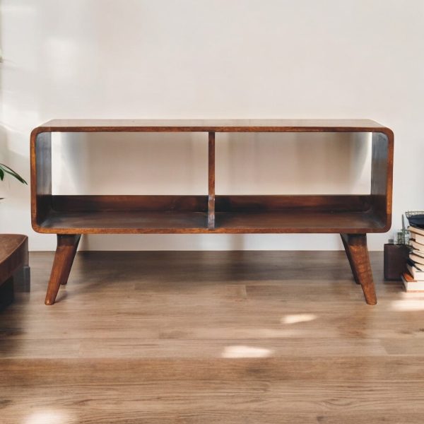 Front view of the timber media unit with Nordic-style legs.