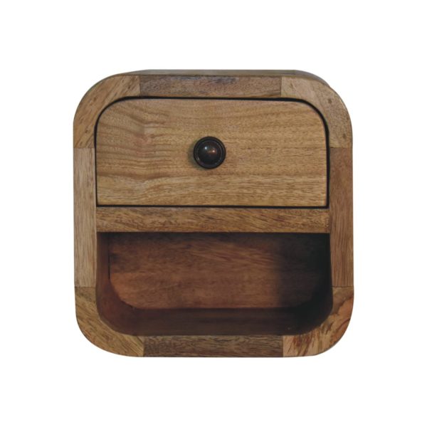 Mango wood bedside table, oak finish, top view.