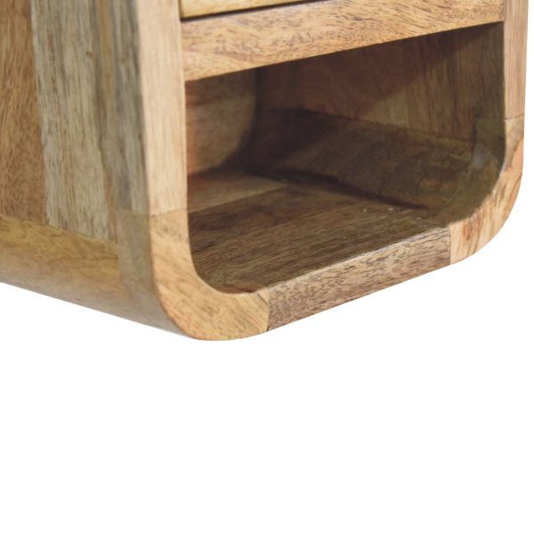Mango wood bedside table, oak finish, showing open shelf.