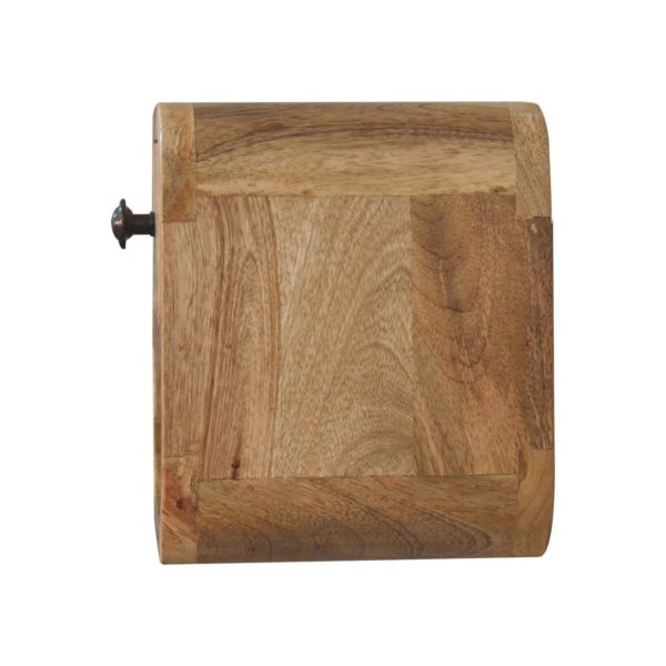 Compact mango wood bedside table, oak finish, with rounded edges.