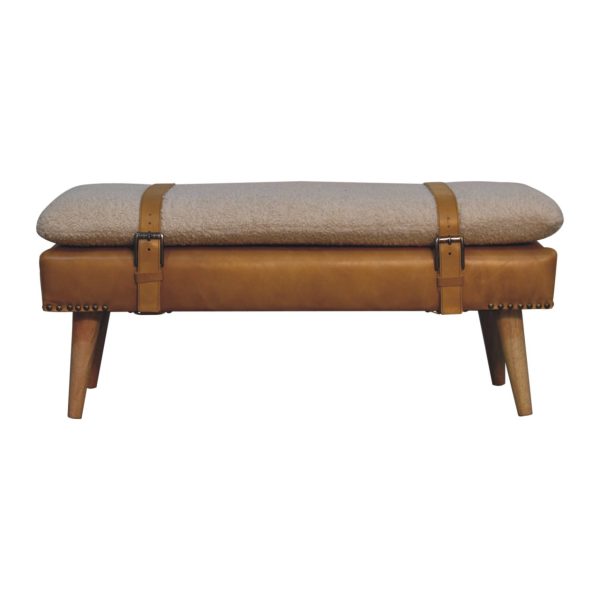 Upholstered bench, top view with leather strap.