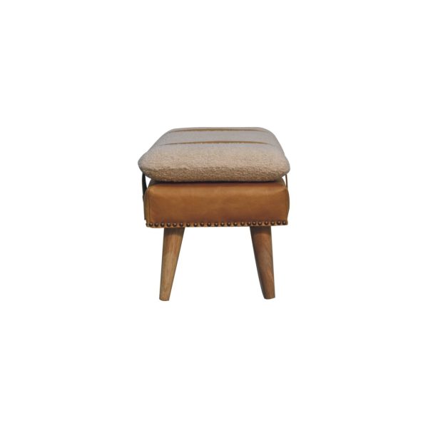 Small upholstered stool, oak legs, cotton and tan leather with strap.