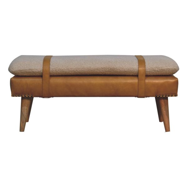 Upholstered bench, oak frame, cotton and tan buffalo leather with belted strap.