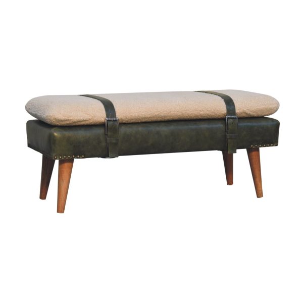 Upholstered bench, top view with belted strap.