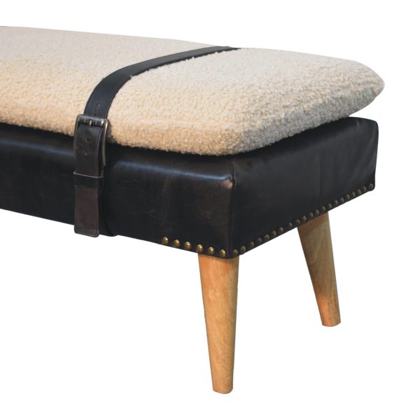Upholstered bench, black leather, cotton top, with belted strap and oak legs.