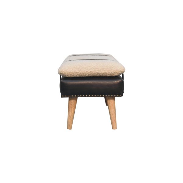 Upholstered bench, small size with black leather and strap.