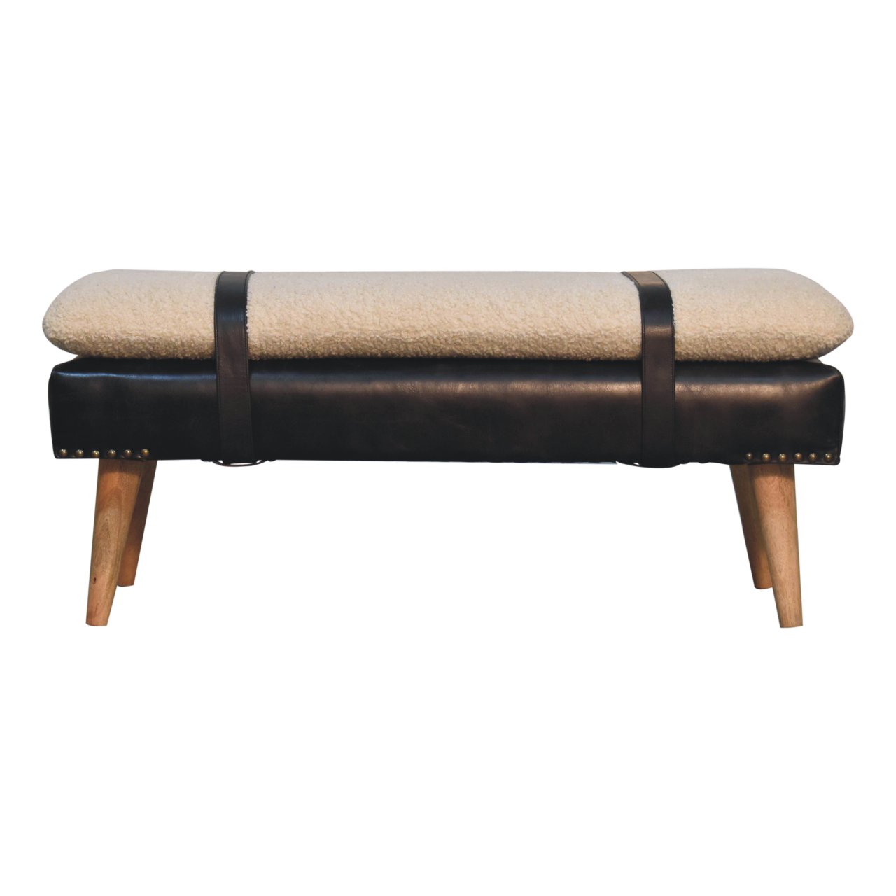Upholstered bench, highlighted front view with belted strap.