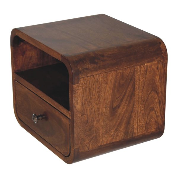 Wooden bedside table side view, dark brown finish, open shelf, closed drawer.