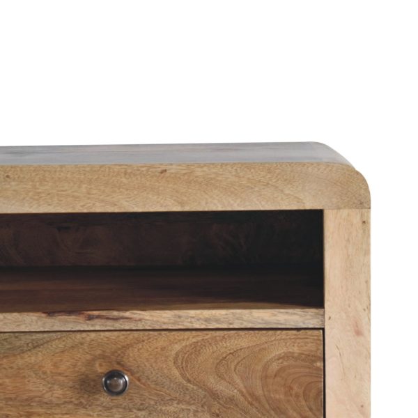 Mango wood wall unit with open shelf and drawer.