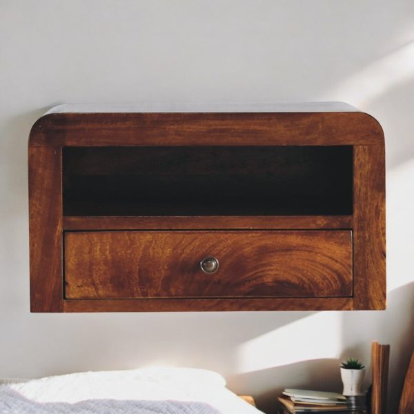 Front view of mango wood bedside unit.