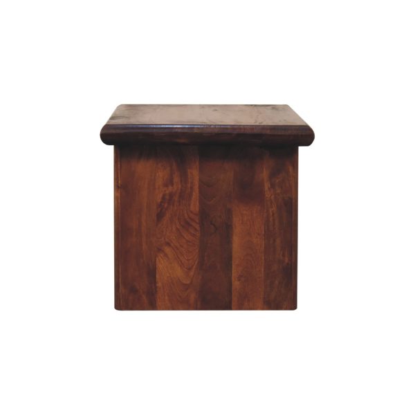 Far-left view of the Scandi mango wood coffee table with rounded edges.