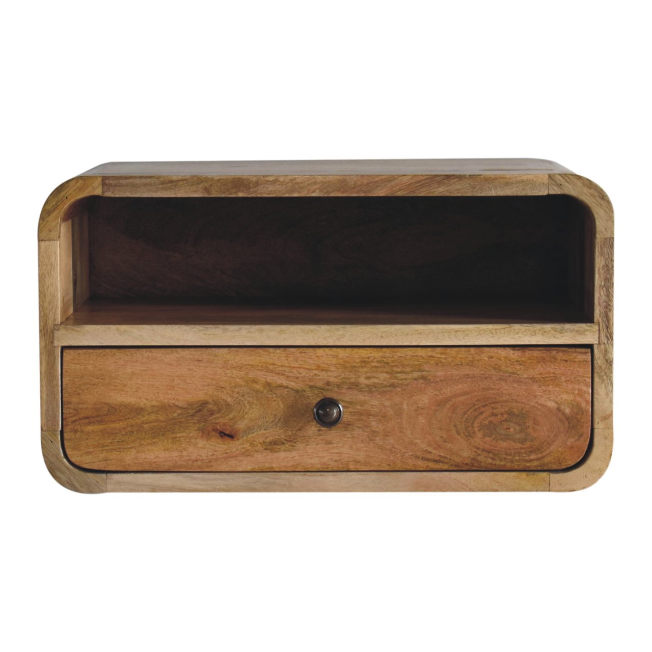 Solid mango wood bedside, oak finish, with drawer and open shelf.