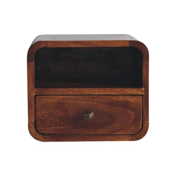Wooden bedside table with open shelf, dark brown finish, compact design.