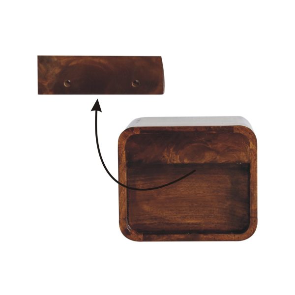 Wooden bedside table back view, dark brown finish, open shelf, wire exit.