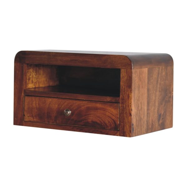 Angled view of mango wood bedside unit.