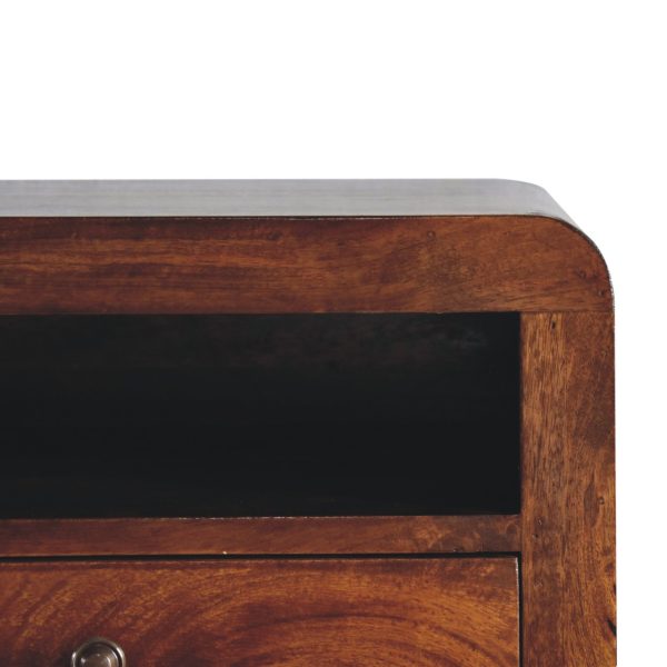 Mango wood bedside unit with open shelf and drawer.
