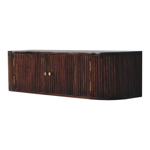 Mango wood sideboard angled view with closed doors.