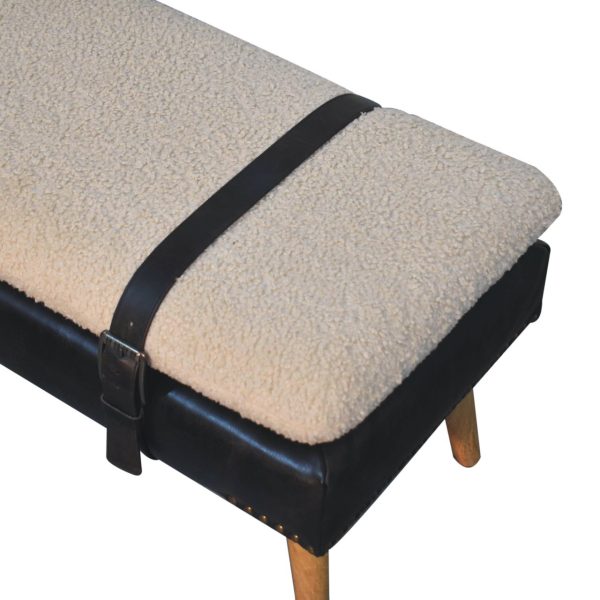 Upholstered bench, black leather, cotton top, with belted strap and oak legs.