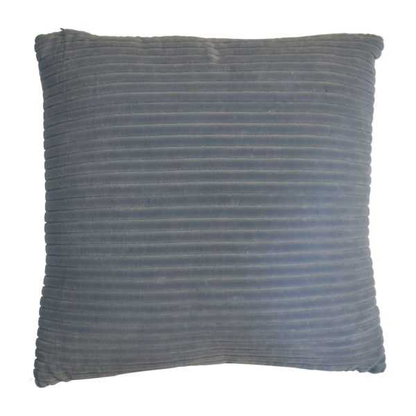 Pair of grey ribbed velvet cushions, rectangular, soft cotton upholstery, for armchair, sofa, or bed.