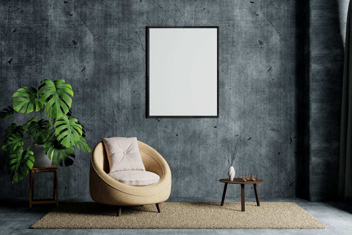 Living room with hanging white isolated empty mockup photo frame on loft wall background. Interior and architecture concept. 3D illustration rendering